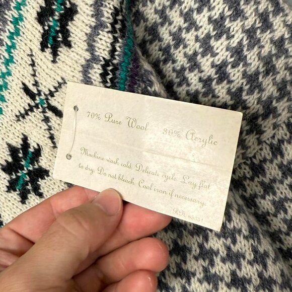 NEW Cattivo Houndstooth Retro Multicolor V‎ Neck Wool Grey Sweater 90s XL - Picture 3 of 6